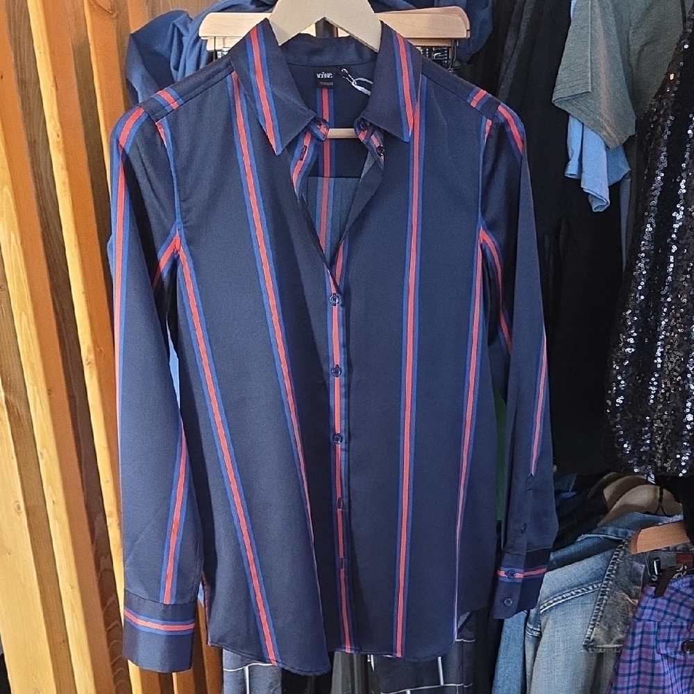 Womens Satiny Poly Blue and Red Striped Button Down Shirt